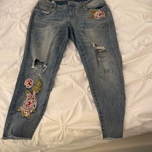 a.n.a Distressed Blue Jeans with Floral Embroidery